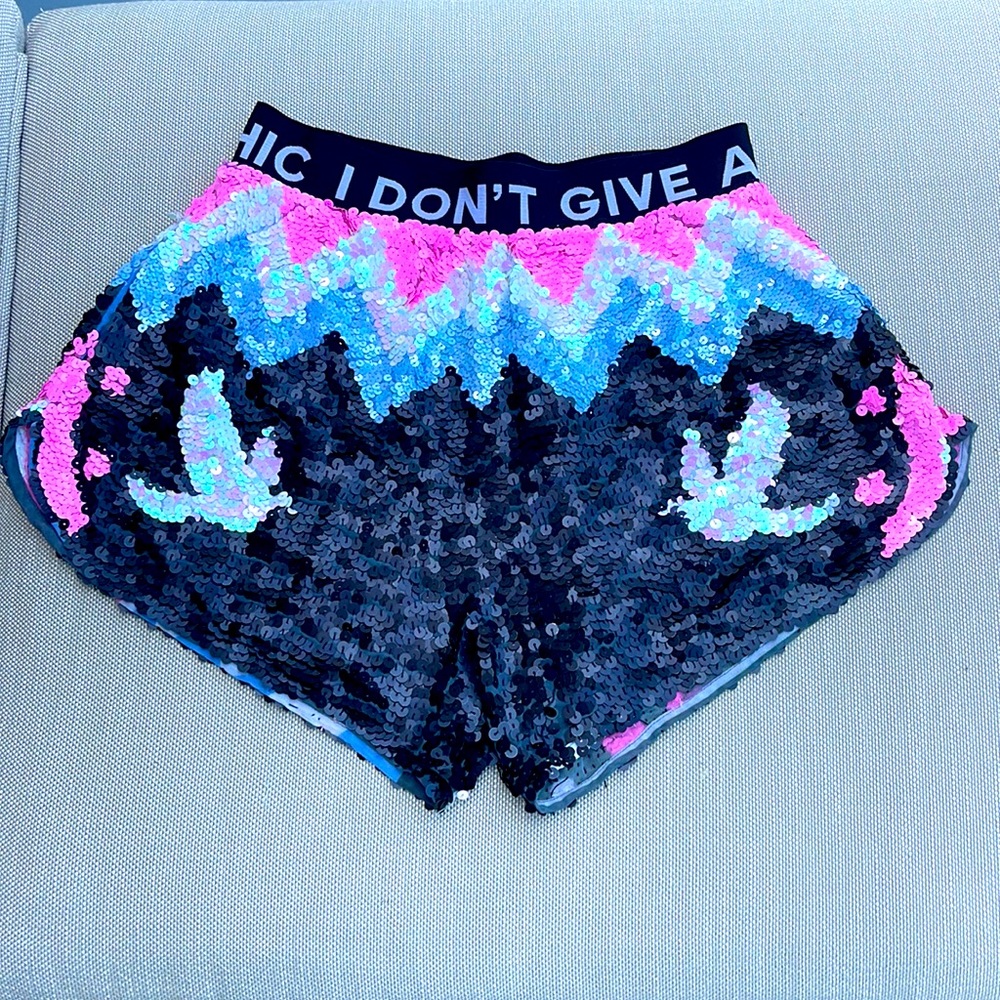 House of Mua Mua sequin shorts. Size medium. Black, pink, silver, white